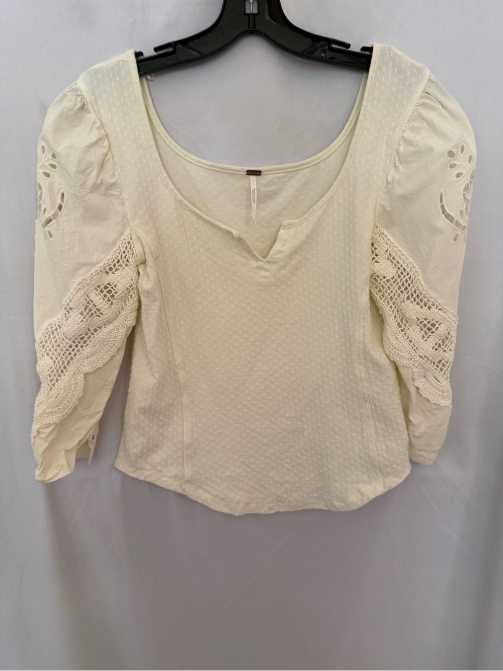 Free People Ivory Crochet Puff Sleeve Scoop Top